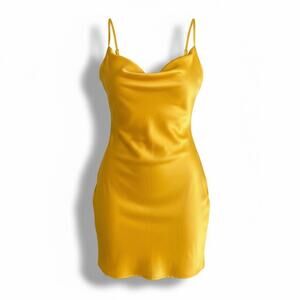 Urban Outfitters Cowl Neck Slip Dress M Satin Mini Yellow Party Cocktail‎ NWT